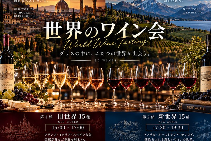 【世界のワイン会】旧世界15種 × 新世界15種、計30種でめぐるワインの旅@恵比寿