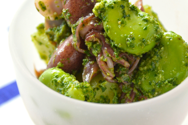 ホタルイカとそら豆の「春菊ジェノベーゼ」和え