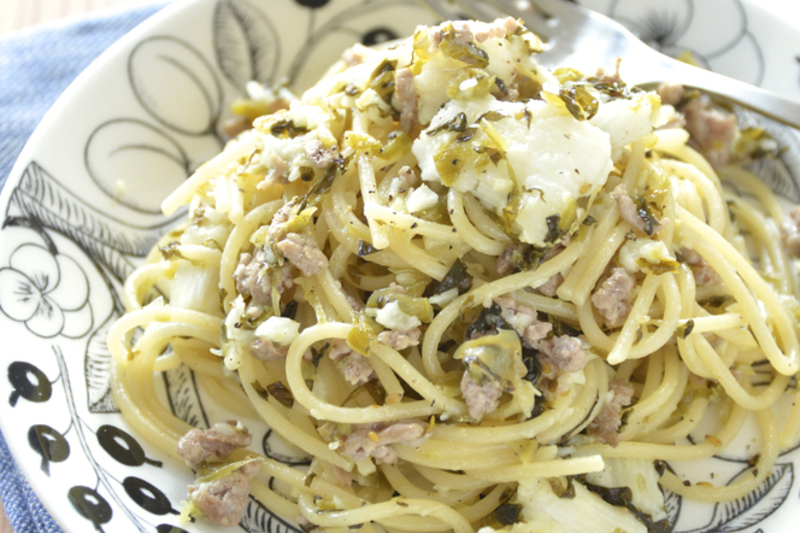 長芋と高菜漬け、パルミジャーノ・レッジャーノのパスタ