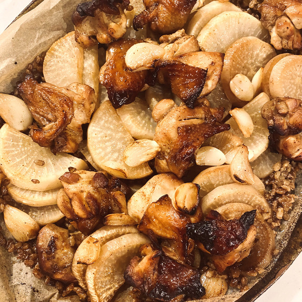 鶏ももと大根ともち麦のオープン焼き