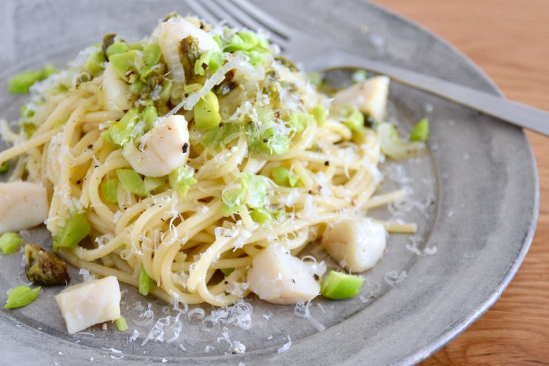 ホタテとふきのとうと空豆のスパゲッティ