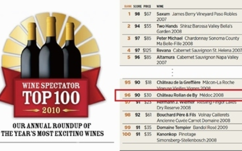 ボルドーワインで唯一！ワイン・スペクテーター誌の年間TOP100ワイン（2010）で、ローラン・ド・ビィのワインがランクイン！